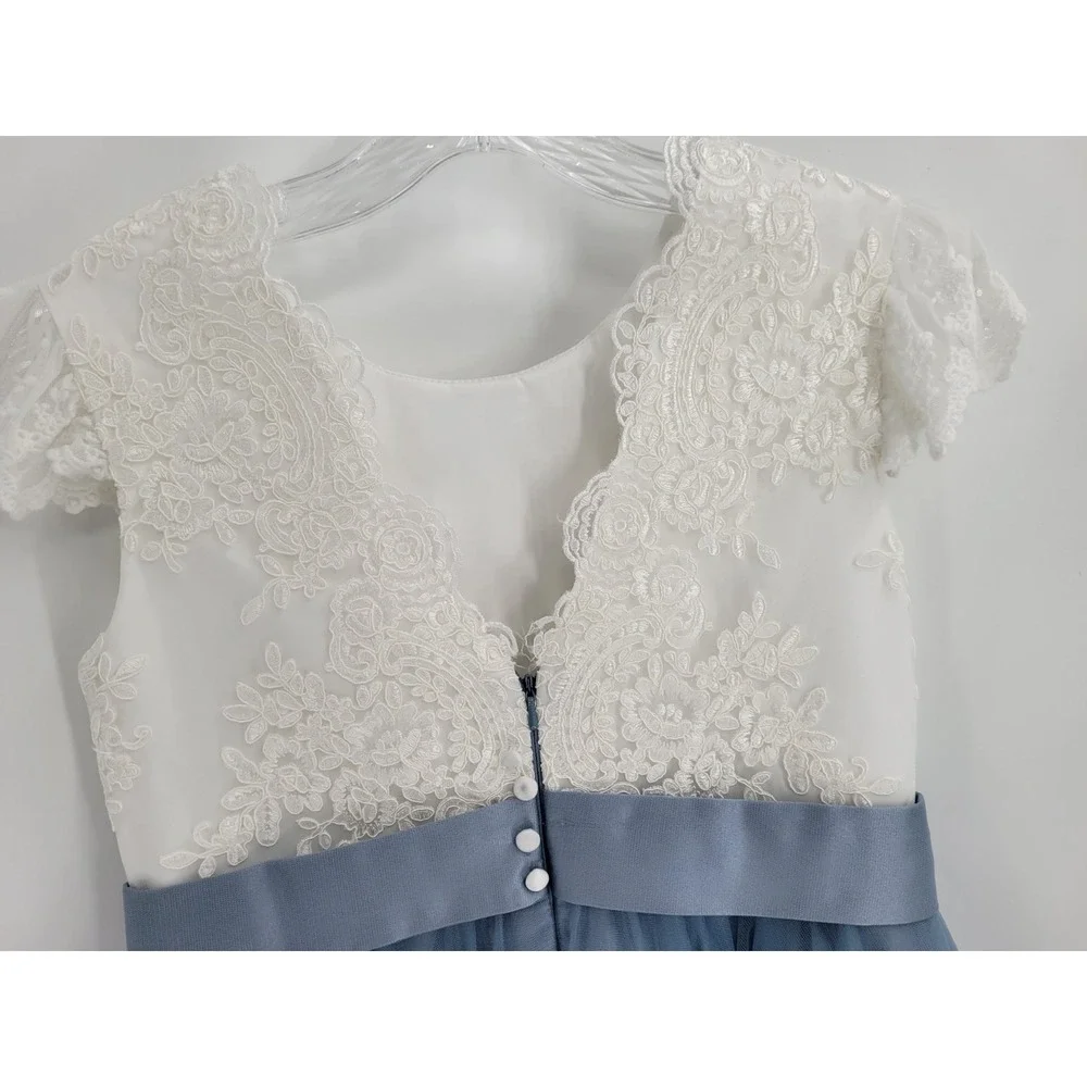 JJ's HOUSE GIRLS DUSTY BLUE FLOWER GIRL/BRIDESMAID TULLE EMBROIDERED DRESS SZ 12